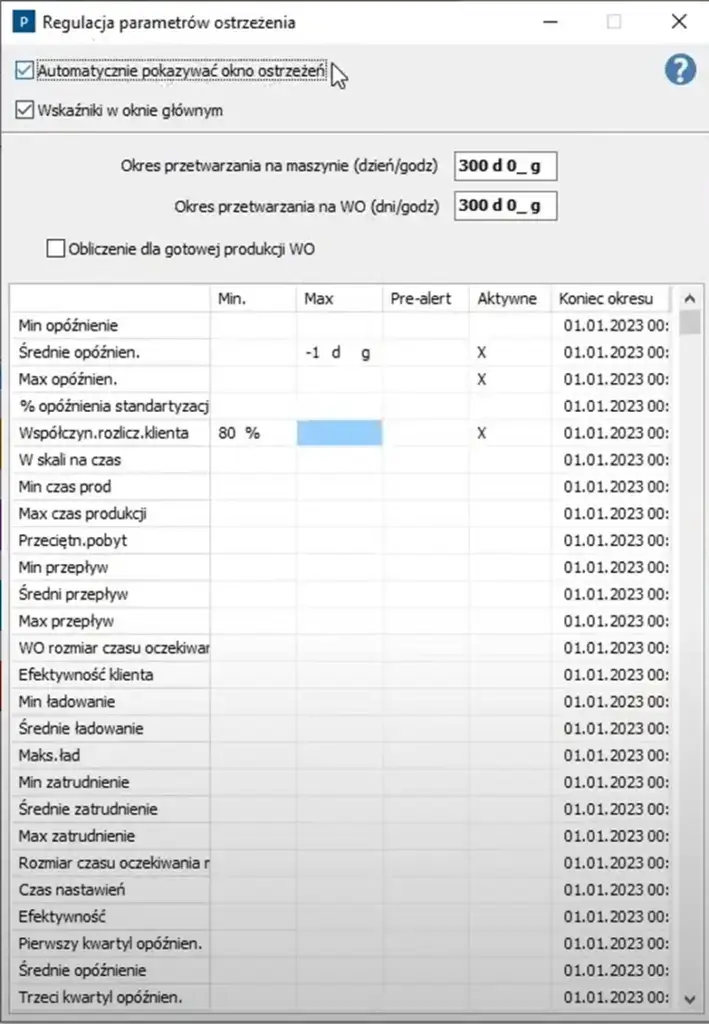 Ekran - konfiguracja parametrów ostrzeżenia