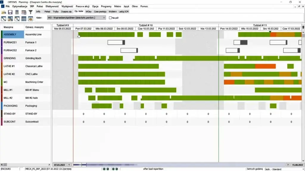 Ekran programu - opóźnienia - widok ogólny - w planie produkcji spowodowane przesunięciem daty