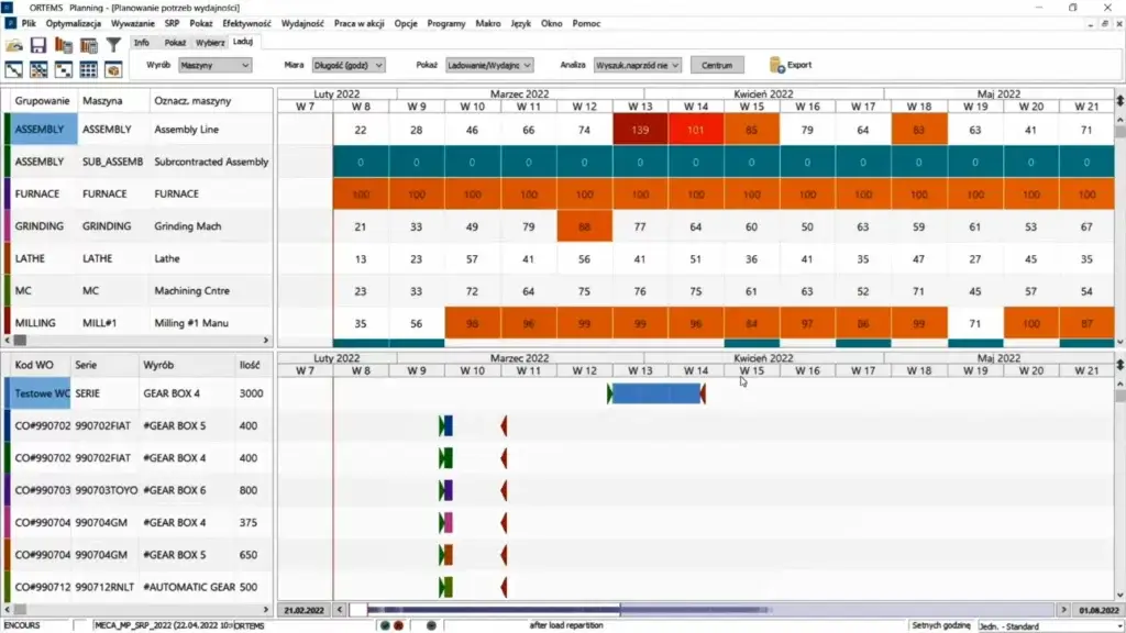 Ekran programu do symulacji procesów produkcyjnych